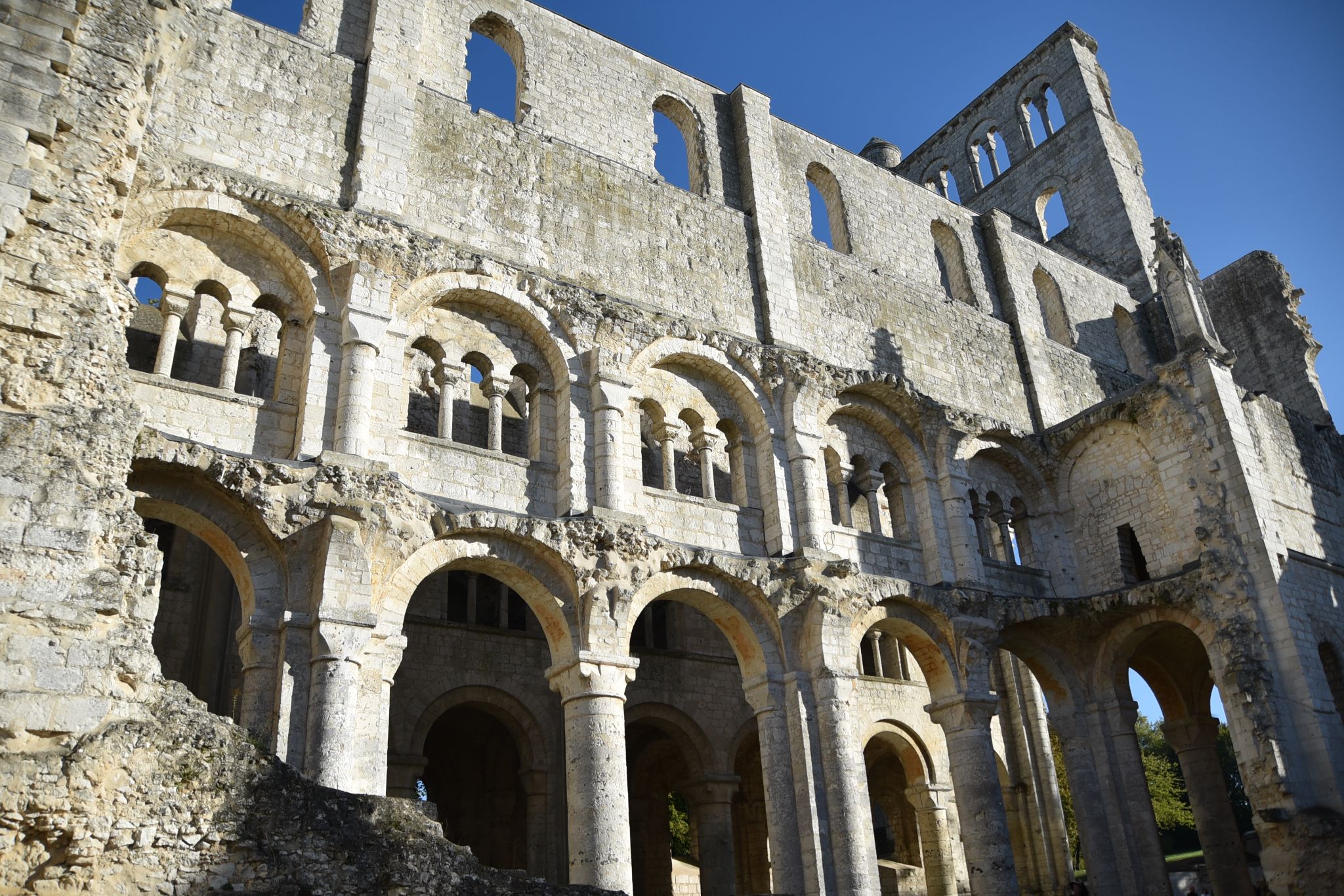 The image shows the roofless stone ruins of the Romanesque Notre-Dame church at Jumièges Abbey in Normandy, France.